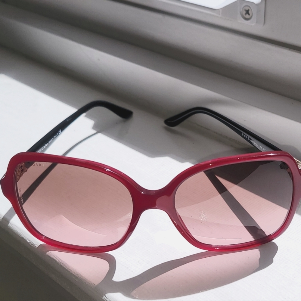 Authentic BVLGARI, womans, black gold and burgundy sunglasses